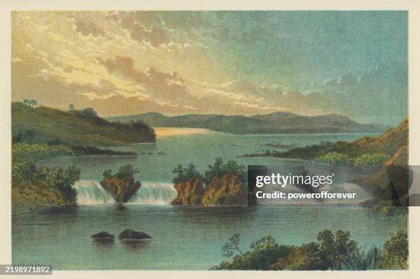 ripon falls on lake victoria in uganda, africa - 19th century - victoria falls sunset stock illustrations