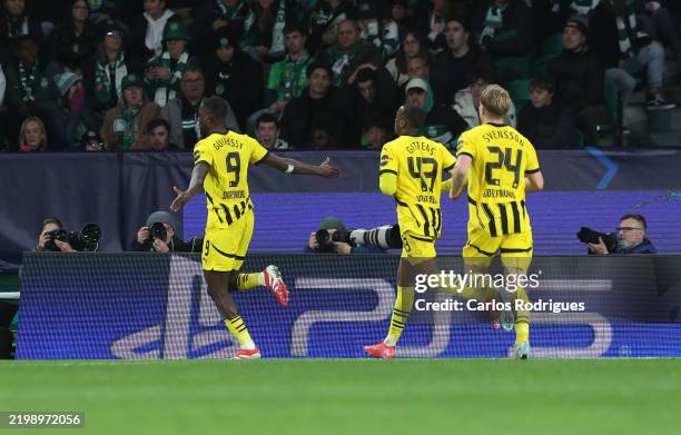 Serhou Guirassy of Borussia Dortmund celebrates scoring his team's first goal during the UEFA Champions League 2024/25 League Knockout Play-off First...