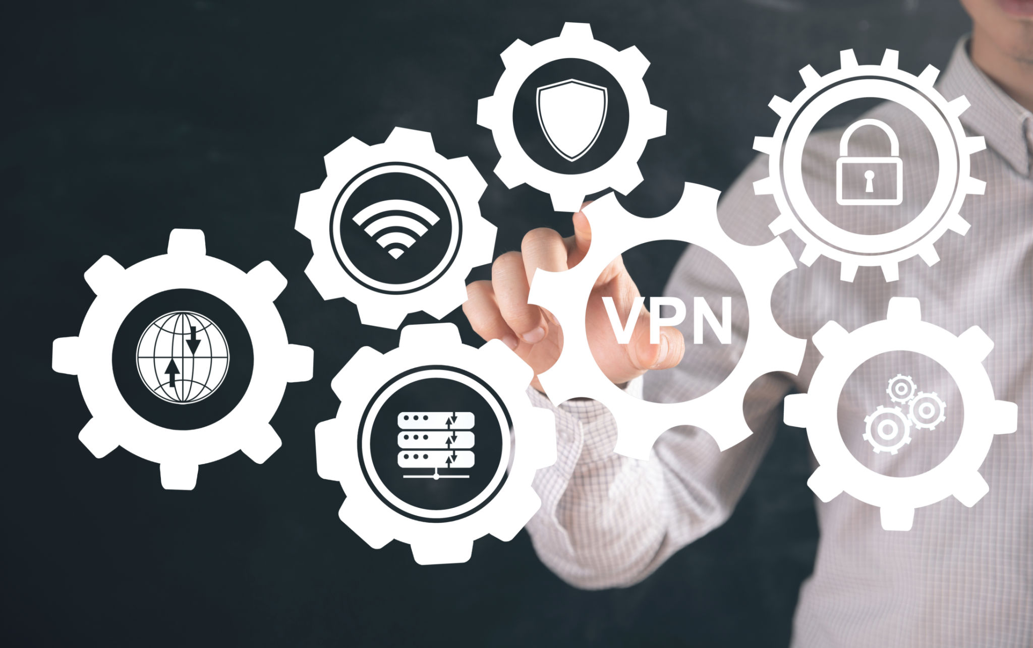 VPN and gear icons. The concept of bypassing the ban. Man tapping on the screen VPN and gear icons. The concept of bypassing the ban. Man tapping on the screen