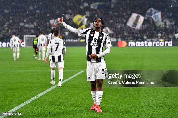 Samuel Mbangula of Juventus celebrates scoring his team's second goal during the UEFA Champions League 2024/25 League Knockout Play-off first leg...