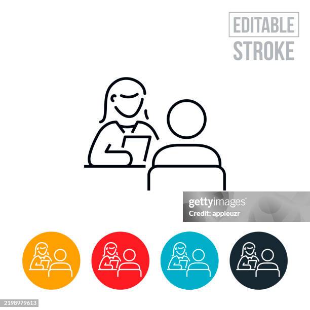 female human resources manager conducting and interview with a job candidate thin line icon - editable stroke - senior management icon stock illustrations