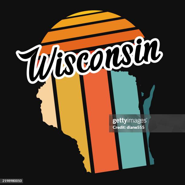 retro usa state map on a retro badge label on a transparent base - wisconsin - wisconsin state stock illustrations