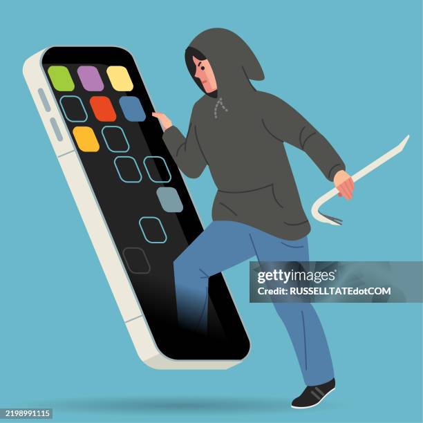 hooded criminal with crowbar breaking into a smartphone displaying apps on screen - break in stock illustrations