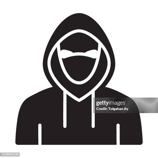 dark web & hacking, hooded cybercriminal, hacker silhouette icons – hacking & online security risks, cybercrime & digital threat symbols - dark web stock illustrations