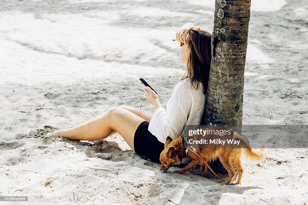 Woman seated in the sand resting against a palm tree, holding a phone while a dog sniffs the ground.
