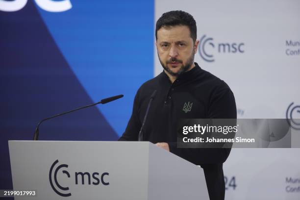 President of Ukraine Volodymyr Zelensky speaks during the 61st Munich Security Conference on February 15, 2025 in Munich, Germany. International...