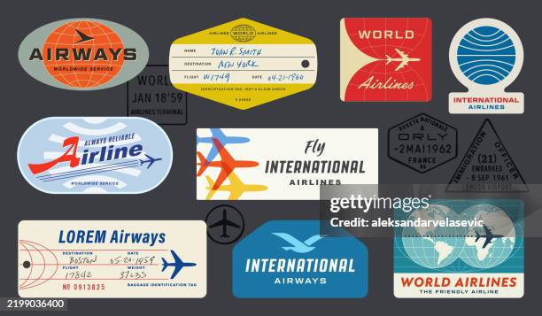 ilustraciones, imágenes clip art, dibujos animados e iconos de stock de etiquetas de equipaje de viaje vintage, etiquetas y sellos de pasaporte - aviacion vintage