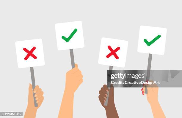 bildbanksillustrationer, clip art samt tecknat material och ikoner med diverse group of hands holding cross-shaped and checkmark voting boards. elections, voting, choices and decision-making concept - rörlig aktivitet
