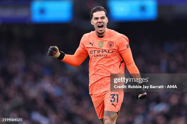 Ederson of Manchester City celebrates during the Premier League match between Manchester City FC and Newcastle United FC at Etihad Stadium on...