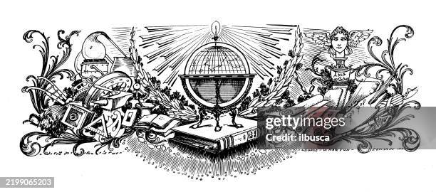 science, knowledge, art - engraved image stock illustrations
