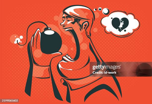 man going to eat bomb while thinking of broken heart - eating dates stock illustrations