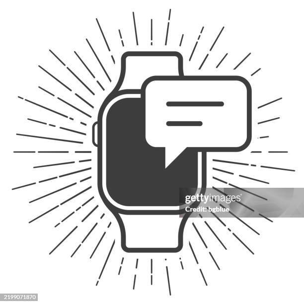 smartwatch with speech bubble. icon with sunbursts on white background - old telegram stock illustrations