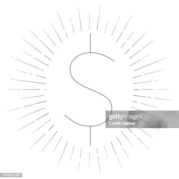 dollar symbol. line icon with sunbursts on white background - vintage dollar sign white background stock illustrations