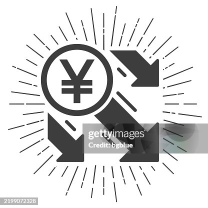Yen decrease. Icon with sunbursts on white background Yen decrease. Icon with sunbursts on white background