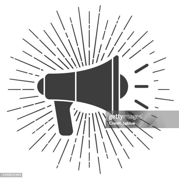 ilustraciones, imágenes clip art, dibujos animados e iconos de stock de megáfono. icono con rayos de sol sobre fondo blanco - megáfono