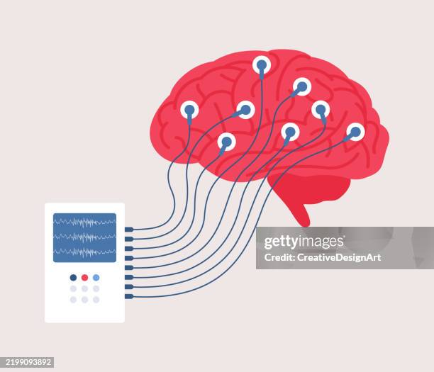 menschliches gehirn verbunden mit display mit eeg-anzeigen. elektroenzephalographie, diagnostik neurologischer erkrankungen und epilepsiebewusstsein - eeg stock-grafiken, -clipart, -cartoons und -symbole