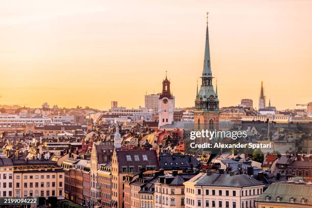 stockholm historic old town cityscape at sunset, aerial view, sweden - estocolmo imagens e fotografias de stock