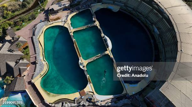 An aerial view of the now-closed Hotel Marineland in Antibes, France on February 15, 2025. The park, which closed permanently on January 5, was the...
