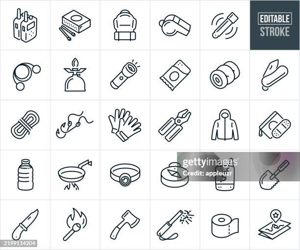 survival gear thin line icons - editable stroke - icons include outdoor gear, emergency supplies, emergency preparedness, equipment, survival pack, tools, camping gear, flashlight, matches, clothing, knife, cooking equipment - making granola bars stock illustrations