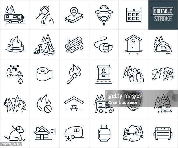 campground thin line icons - editable stroke - icons include rvs, campers, tent, campfire, s’mores, forest ranger, outdoor recreation, leisure activity, travel, family, outdoors, mountains, services, convenience, camping supplies, dog on leash - family outdoors stock illustrations