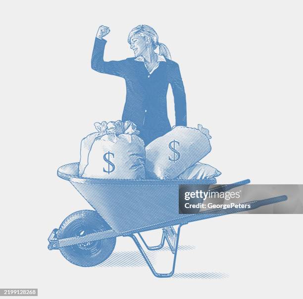 successful female influencer and stack of money - vintage dollar sign white background stock illustrations