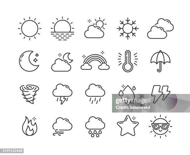 ilustraciones, imágenes clip art, dibujos animados e iconos de stock de iconos de líneas meteorológicas. píxel perfecto. trazo editable. - meteorología extrema