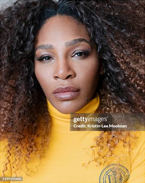 Tennis player Serena Williams wearing a yellow turtleneck dress by Calvin Klein 205W39NYC.