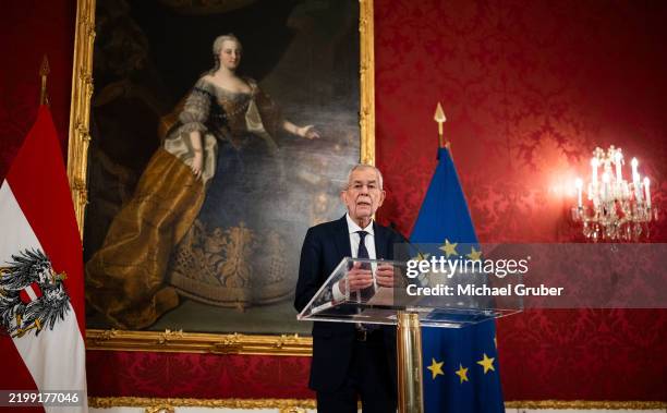 Austrian President Alexander van der Bellen speaks to the media following the collapse of government coalition negotiations earlier today on February...
