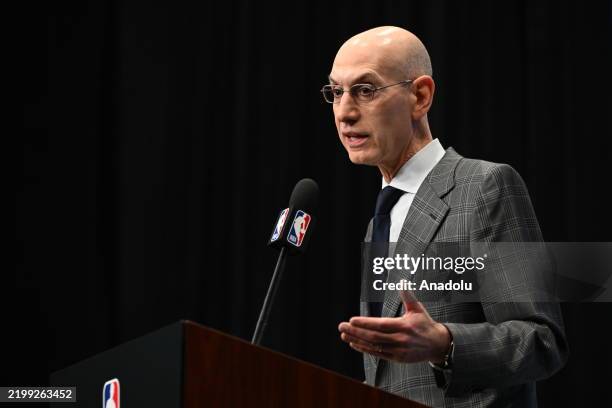Commissioner of the NBA, Adam Silver held a press conference at Chase Center on 2025 NBA All-Star weekend in San Francisco, California, United States...