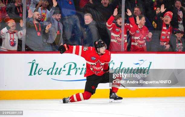 Mitchell Marner of Team Canada celebrates after scoring the game-winning goal during the overtime period of the 4 Nations Face-Off game between...