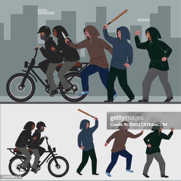 illustrations, cliparts, dessins animés et icônes de une foule d’autodéfenseurs avec des couteaux et des bâtons courant dans une rue de la ville - malfaiteur