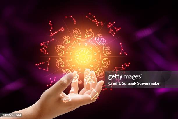 zodiac signs and astrology with constellations, concepts, predictions, horoscopes, beliefs - astrología fotografías e imágenes de stock