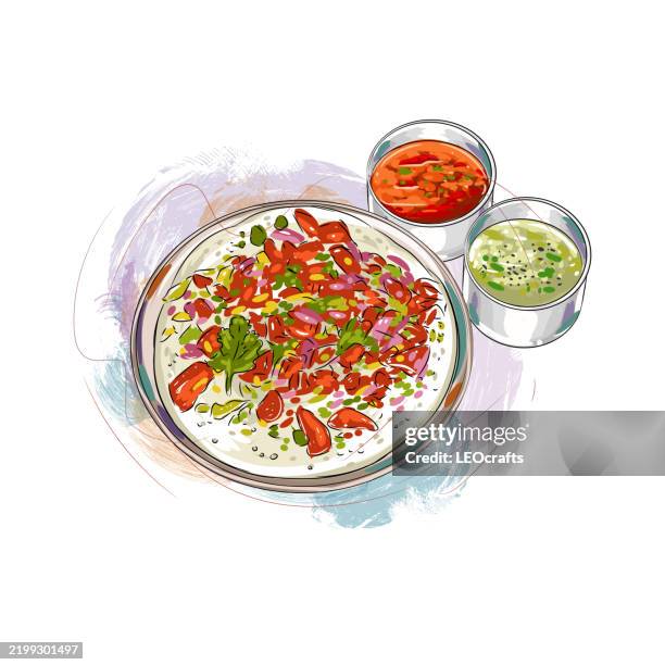 south indian breakfast uttappam or uttappa served with chutney and sambar - dosa stock illustrations