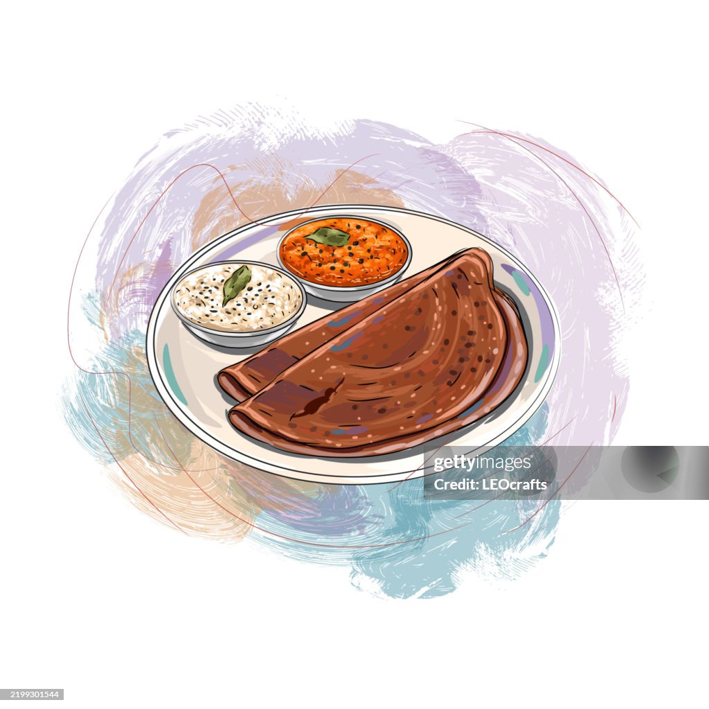 South Indian Breakfast Ragi Dosa served with Chutney and Sambar
