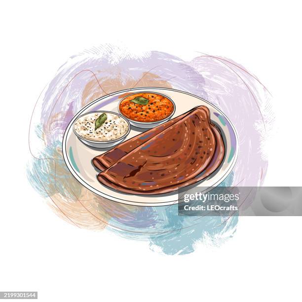 south indian breakfast ragi dosa served with chutney and sambar - mysore dosa stock illustrations