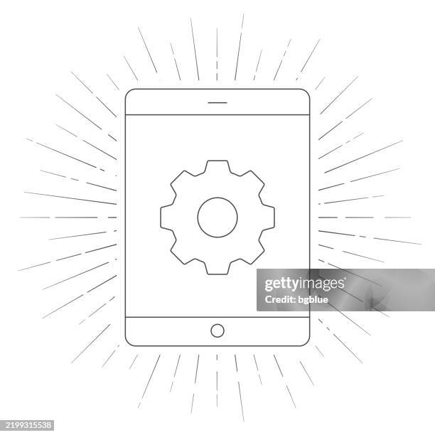 tablet pc settings - gears. line icon with sunbursts on white background - using tablet isolated stock illustrations