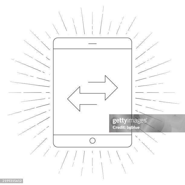 transfer with tablet pc. line icon with sunbursts on white background - cell differentiation stock illustrations