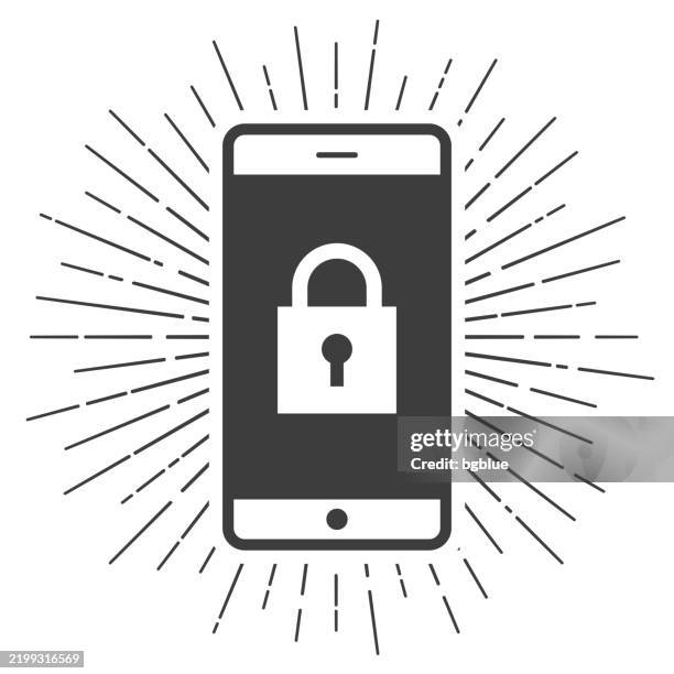 smartphone with padlock. icon with sunbursts on white background - lock screen stock illustrations