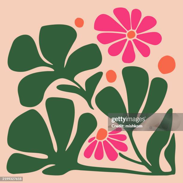 hand drawn abstract groovy modern flowers and leaves - daisy illustration stock illustrations