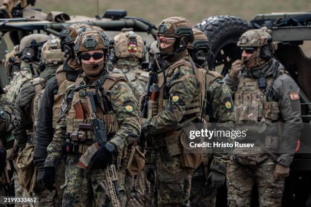 Members of the Spain and Bulgarian armed forces during the NATO exercise Steadfast Dart on February 13, 2025 in Tsrancha, Bulgaria. According to...