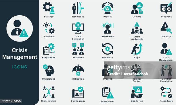 ilustraciones, imágenes clip art, dibujos animados e iconos de stock de colección de iconos sólidos de gestión de crisis. que contiene estrategia, negocio, identificar, conciencia, evaluación, comprender, afrontar, recuperación, implementar, declarar, retroalimentación, resolución de conflictos, procedimientos - resiliencia