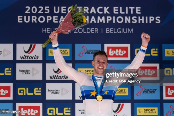 Harrie Lavreysen of the Netherlands during the podium ceremony during Day Five of the 2025 UEC Track Elite European Championship at Circuit Zolder on...