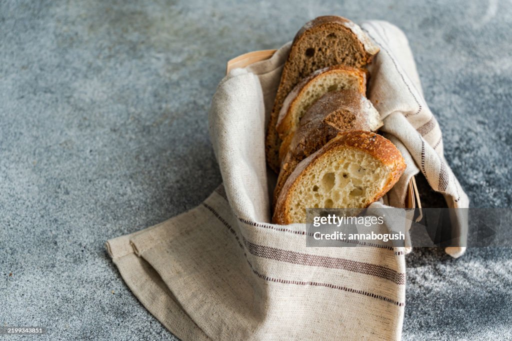 Close-up of Freshly sliced brown and white sourdough bread in a bread basket