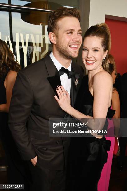 Leo Woodall and Meghann Fahy attend the EE BAFTA Film Awards 2025 Champagne Reception at The Royal Festival Hall on February 16, 2025 in London,...