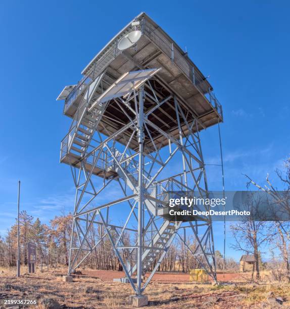 low angle view of a lookout tower, apache maid mountain, coconino national forest, arizona, usa - apache tower stock pictures, royalty-free photos & images