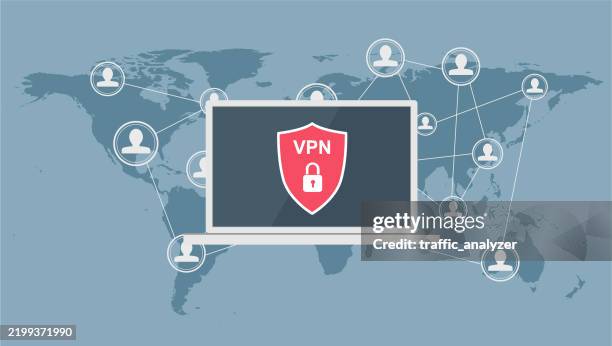 flaches design vpn-laptop - virtual private network stock-grafiken, -clipart, -cartoons und -symbole