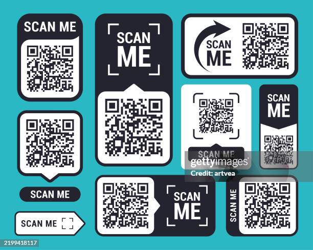 illustrazioni stock, clip art, cartoni animati e icone di tendenza di qr code scan me for smartphone icon set. scan me qr code sticker with text - qr code