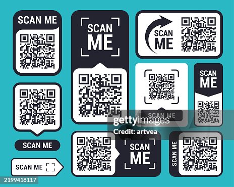 QR code SCAN ME for smartphone ICON SET. Scan me QR code sticker with text QR code SCAN ME for smartphone ICON SET. Scan me QR code sticker with text