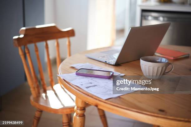 home budget planning. laptop, smartphone and utility bills on table, nobody. manage your finances - bank statement stock pictures, royalty-free photos & images