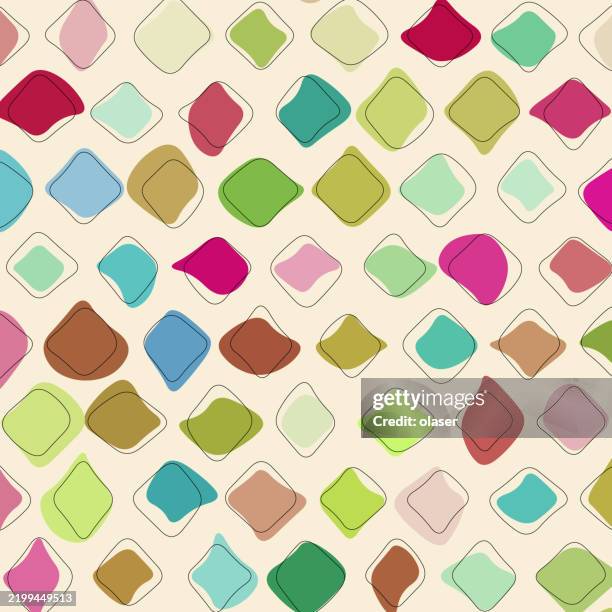 a colorful pattern of uneven geometric shapes, featuring a mix of vibrant hues including greens, blues, and pinks on a light background. - blob stock illustrations